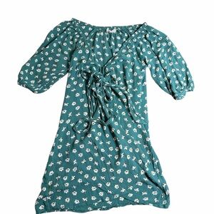 Billabong Teal Floral Puff Sleeve Tie Front Mini Dress Boho Cottagecore S